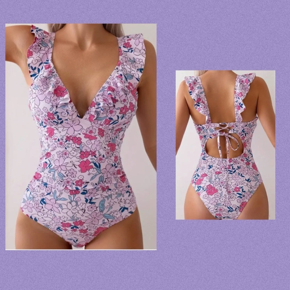 One Piece Swimsuit with Ruffled V-Neck with Open Back - Picture 2 of 16